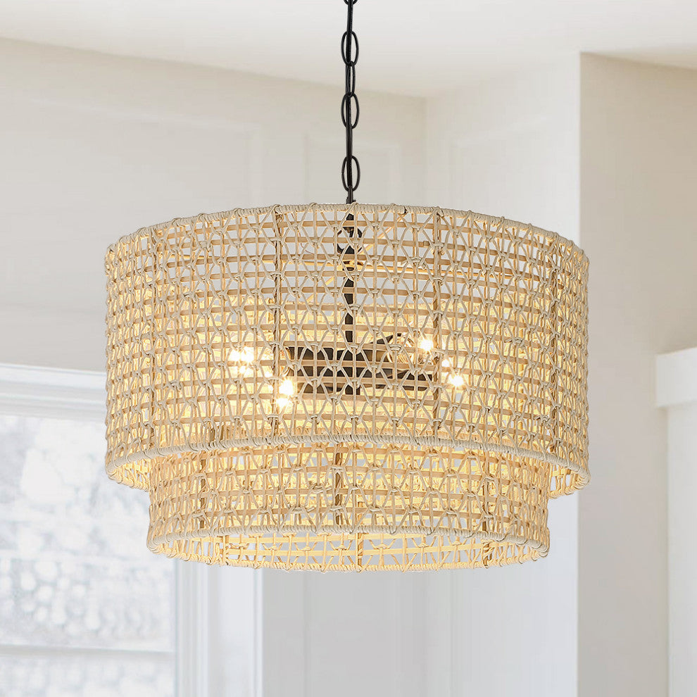 20" 4-Light Rattan Tiered Drum Chandelier Light With Black Canopy