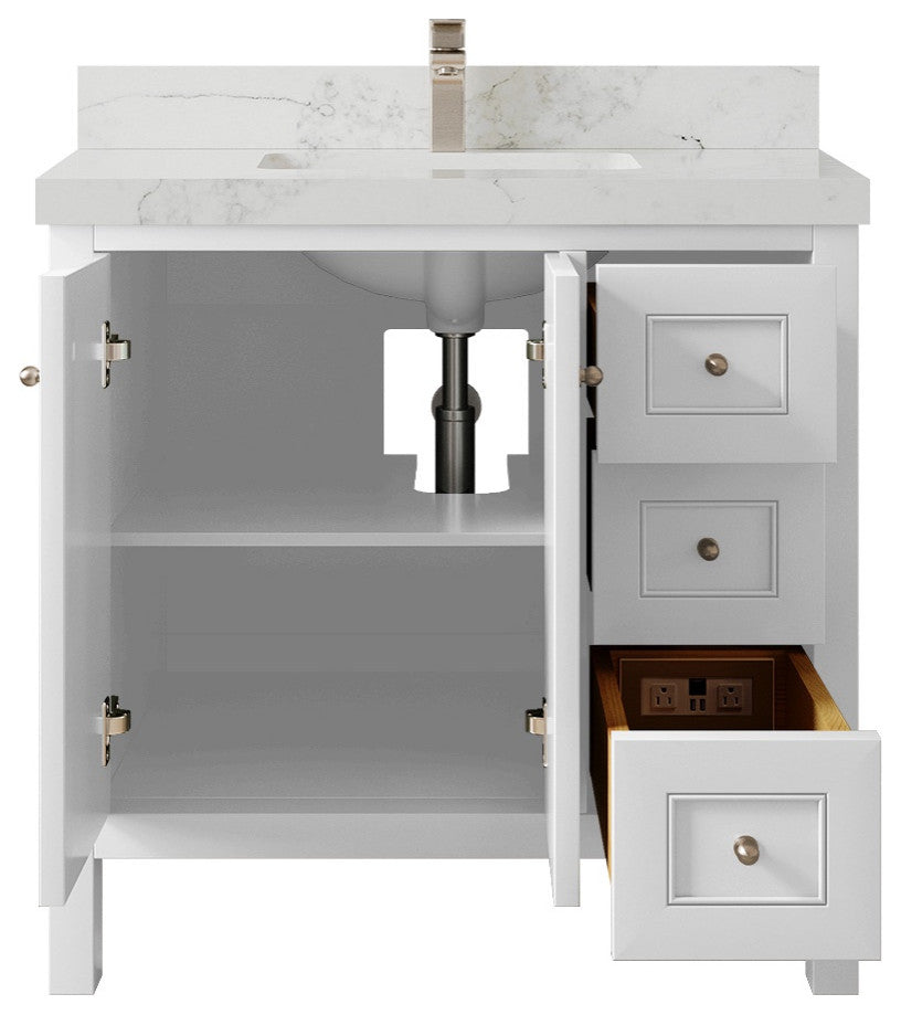 Nashville 36" Center Sink Bath Vanity, White 2" Calacatta Nuvo