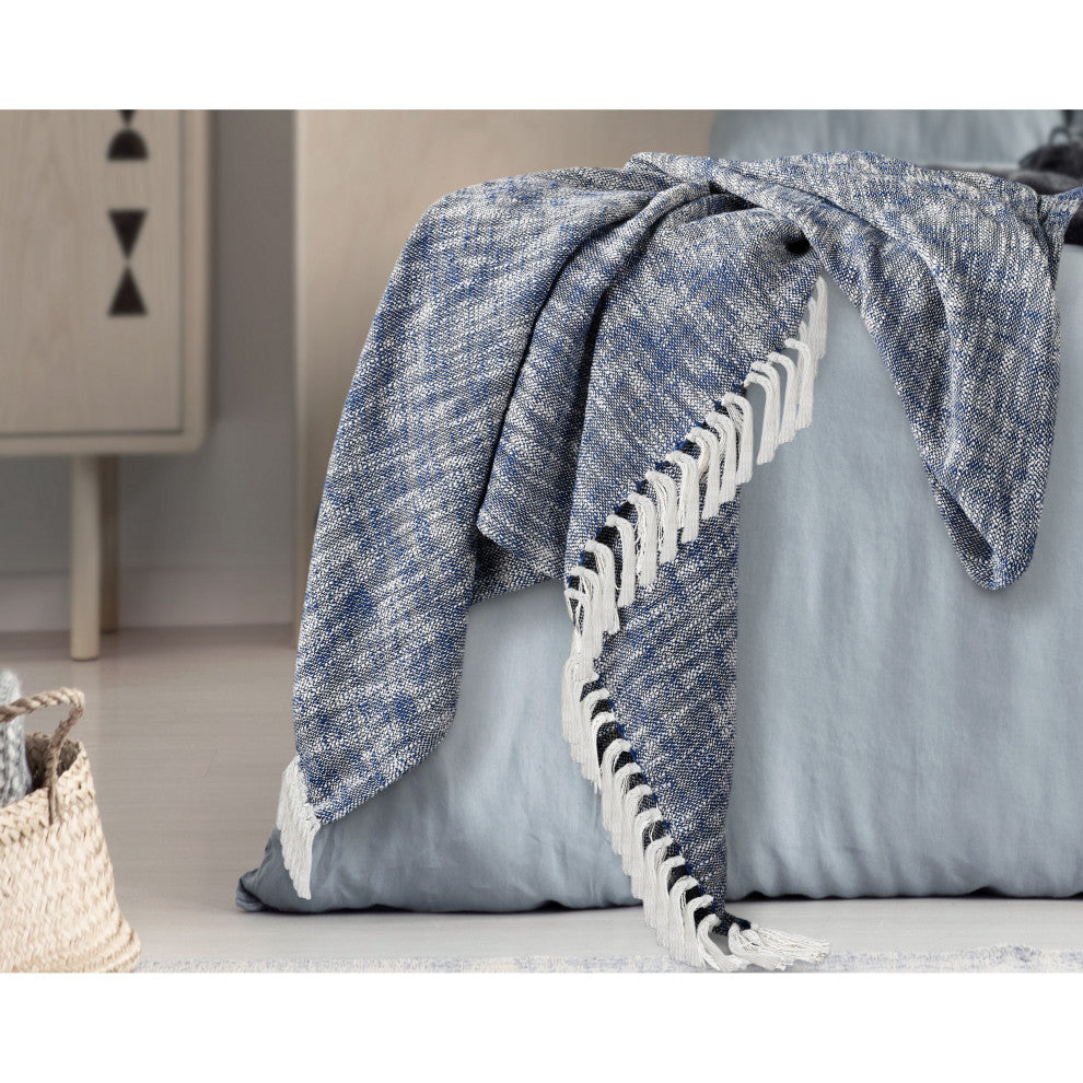 Boho Chambray Throw Blanket with Fringe, Navy Blue