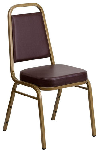 Trapezoidal Back Stacking Banquet Chair in Brown Vinyl - Gold Frame