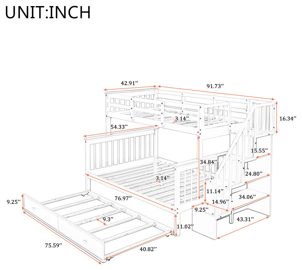 Gewnee Wood Twin-Over-Full Bunk Bed with Trundle and Stairway, Espresso