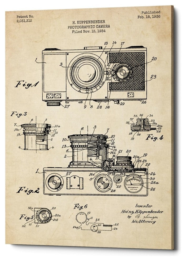 Epic Graffiti "Camera, 1936 Blueprint Patent Parchment" Giclee Canvas, 26"x40"