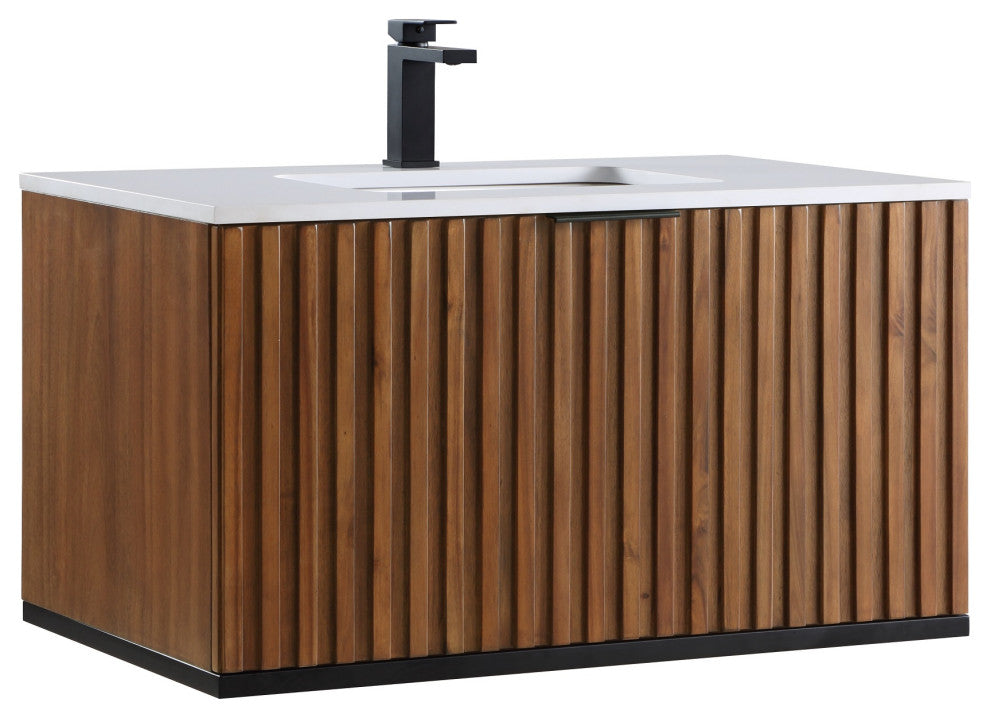 Terra Bathroom Vanity, Walnut/Matte Black With White Quartz, 36", White Quartz Top