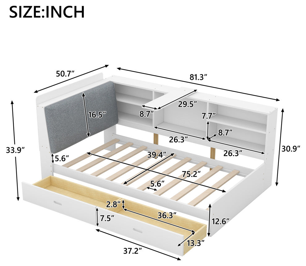 Gewnee Wood Twin Size platform bed with Storage Headboard