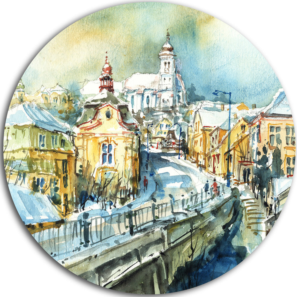 City Of Churches Watercolor, Cityscape Painting Round Wall Art, 23"