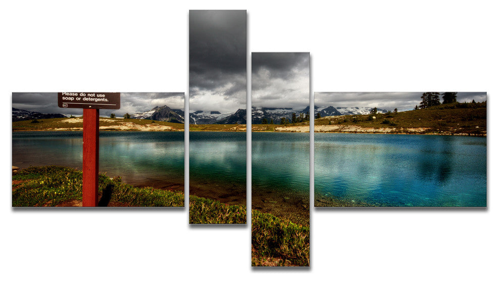Azure Mountain Lake with Clouds, Landscape Canvas Art Print, 60"x32", 4 panels