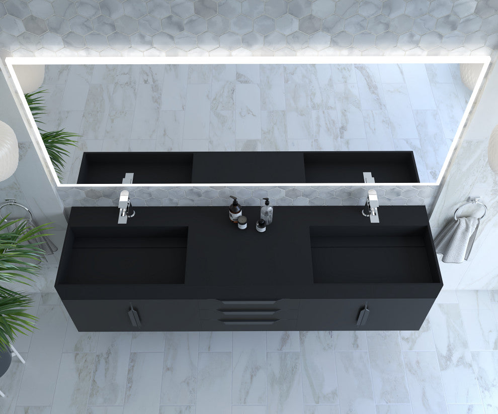 CastelloUSA Amazon 72" Wall Mounted Vanity Set, Black, Black Top, Black Handles