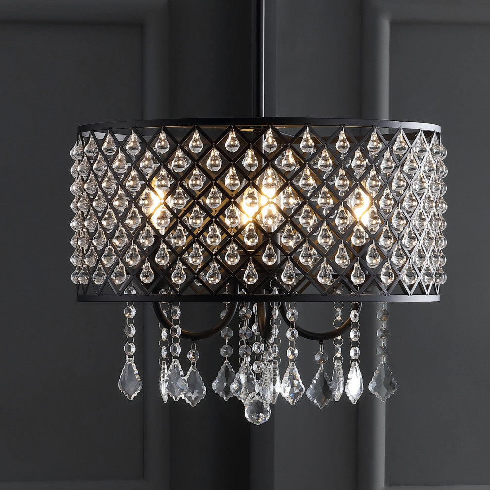 Gigi Metal and Crystal Adjustable LED Drop Pendant, Black and Clear, 17