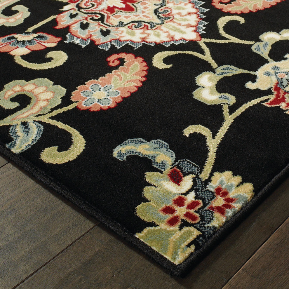 Karaman Borderless Traditional Black/ Multi Area Rug, 9'10"x12'10"