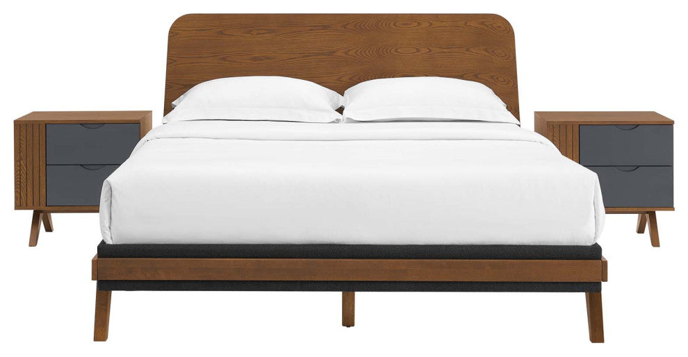 Platform Bed Nightstand Set, Queen Size, Walnut, Wood, Modern, Mid Century