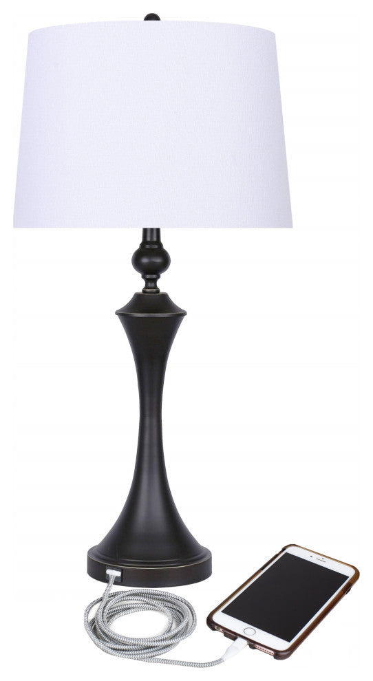 31" Oil-Rubbed Bronze Table Lamps With USB Port, Off-White Linen Shade, Set of 2