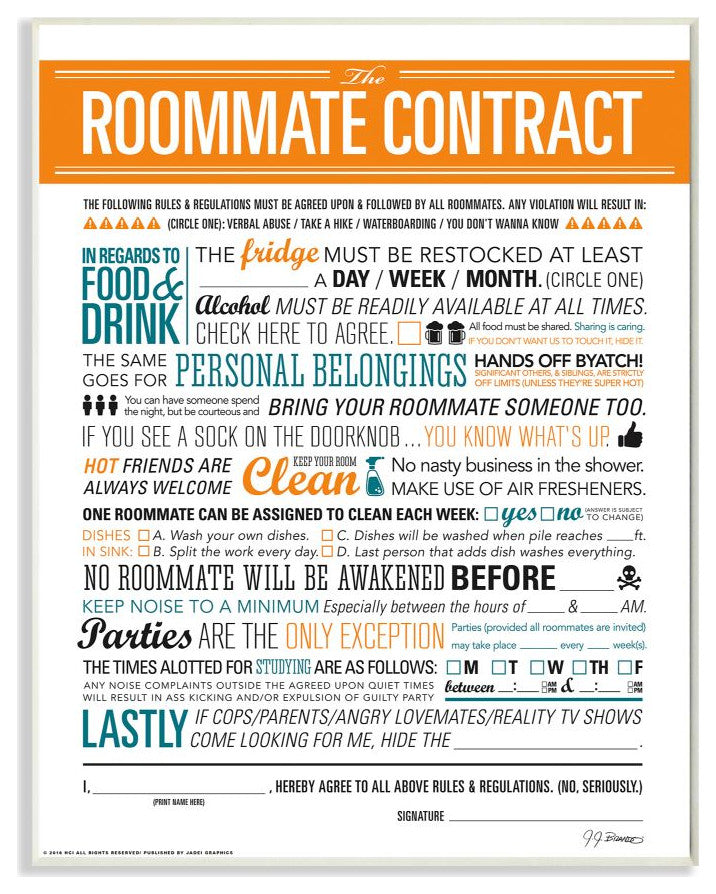 Stupell Industries Roommate Contract Funny Word Design, 13 x 19