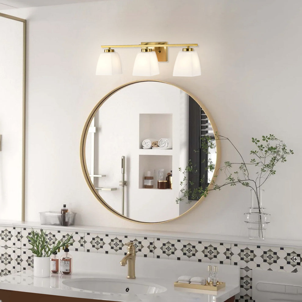 22 in. 3-Light Gold Modern Vanity Light With Square Etched White Glass Shades