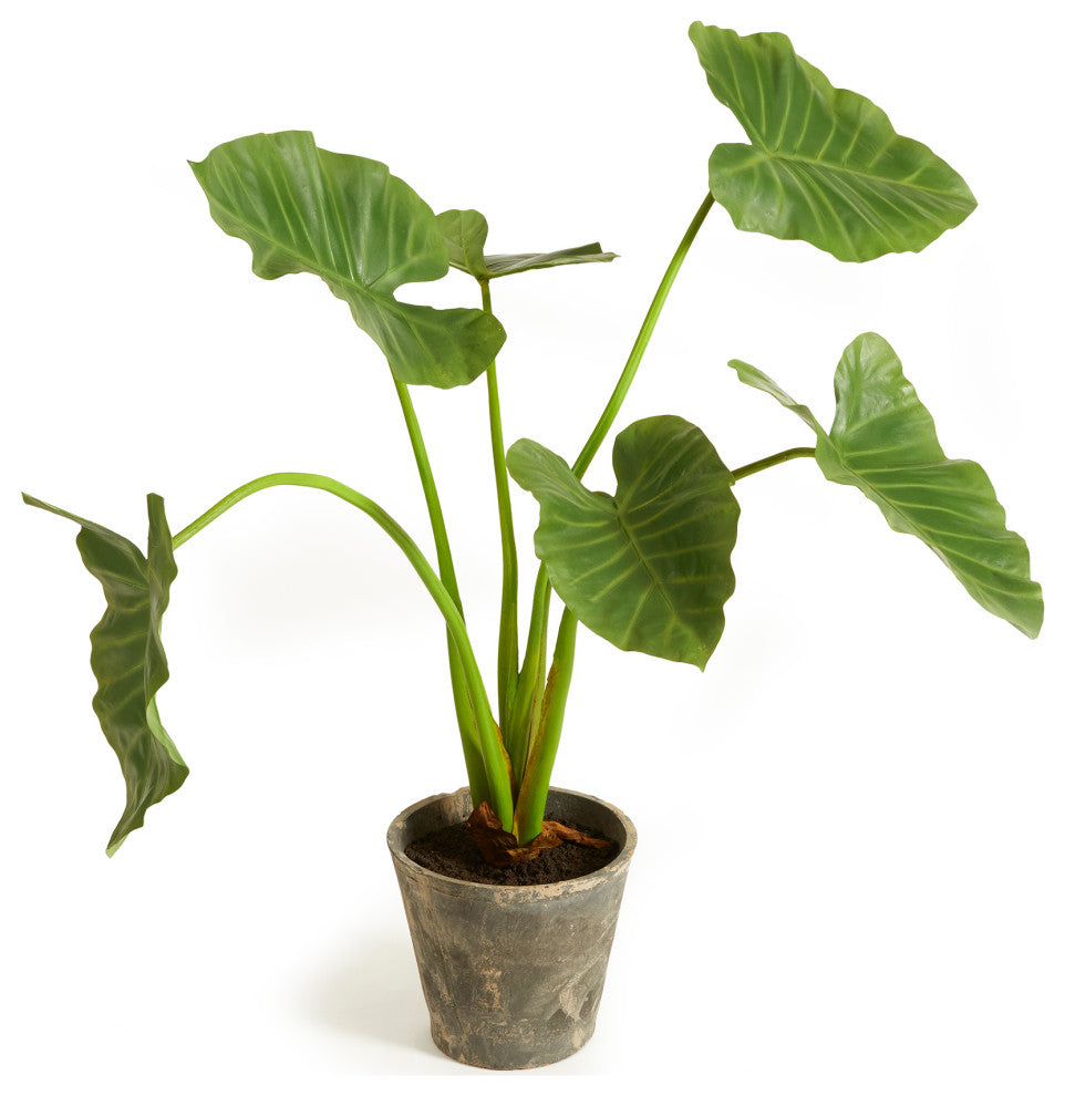 Large Elephant's Ear Green Leaf Faux Floral Plant Big Leaves 42 in Rustic Pot
