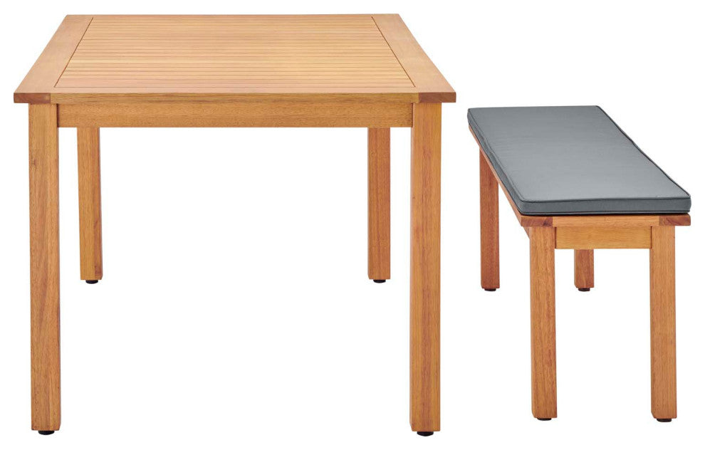 Side Dining Bench Chair and Table Set, Rectangular, Wood, Natural Gray, Outdoor