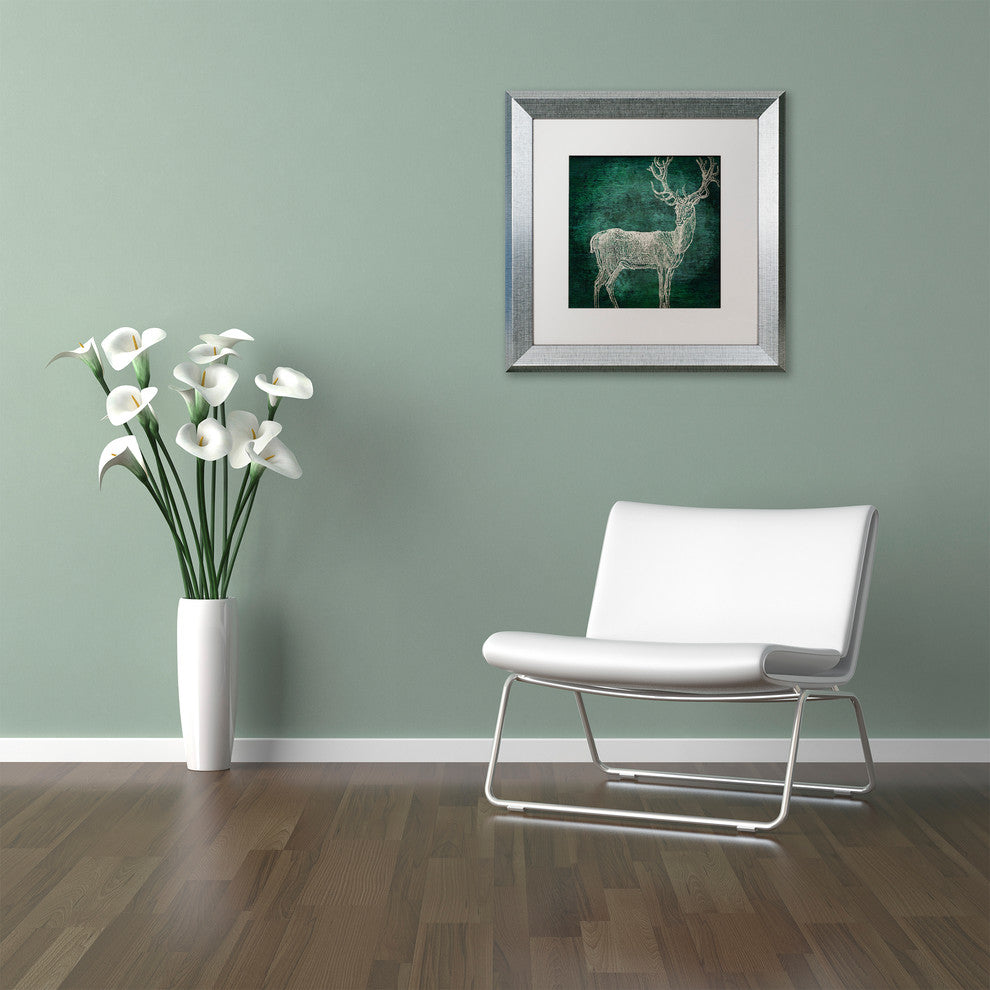 Color Bakery 'Emerald Deer' Art, Silver Frame, White Matte, 16"x16"