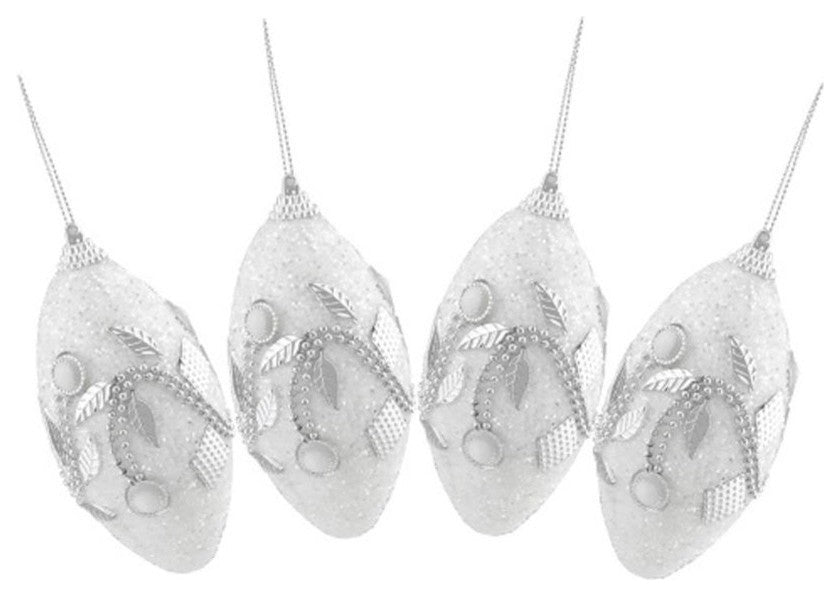 White and Silver Beaded and Glittered Christmas Ornaments, Set of 4
