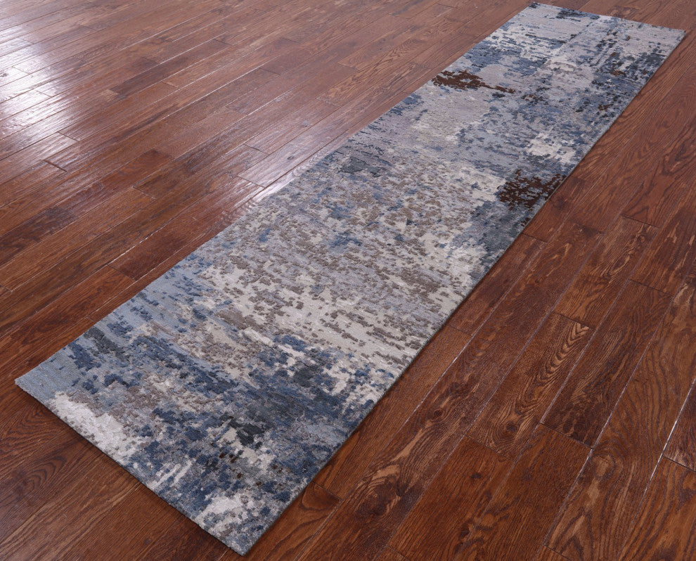 2' 6" X 10' 0" Runner Abstract Hand Knotted Wool and Silk Rug Q9035