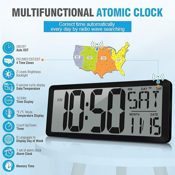 Atomic Clock with Backlight, 14.2" Large Digital Wall Clock Battery Operated
