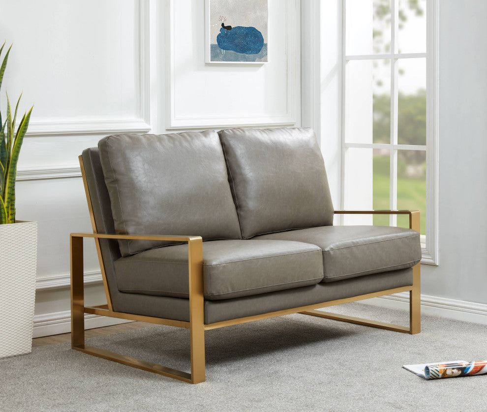 LeisureMod Jefferson Leather Modern Design Loveseat With Gold Frame, Gray