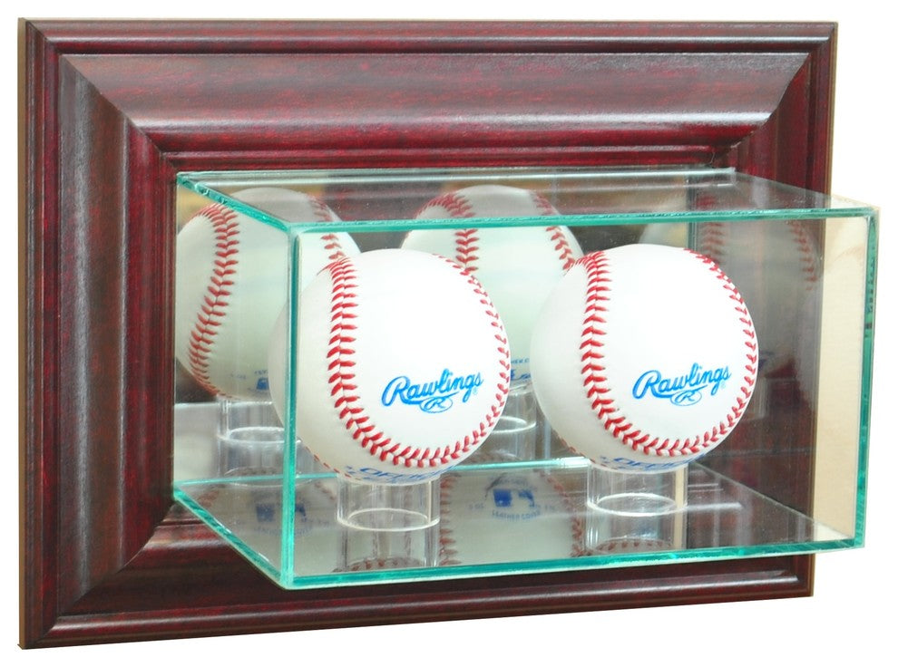 Wall Mounted Double Baseball Display Case, Cherry