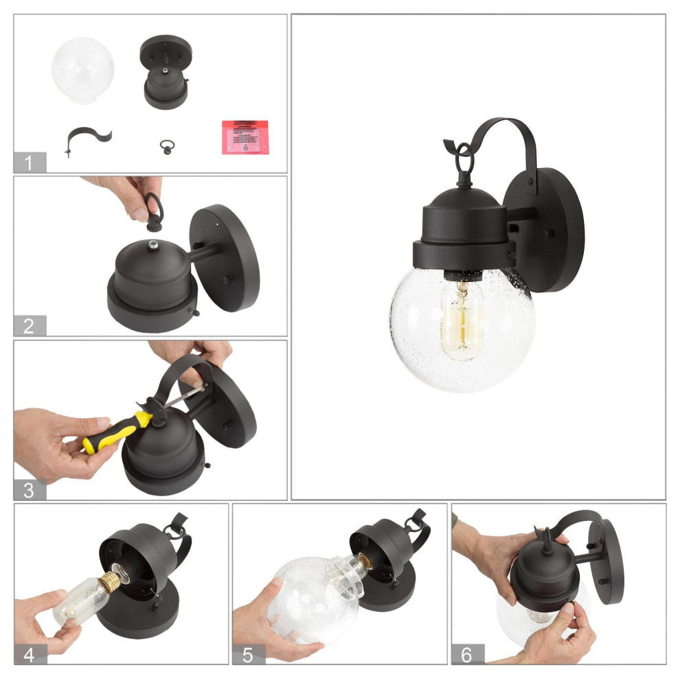LNC 1-Light Seeded Glass Globe Outdoor Wall Lamp, 11", Black, 2-Pack