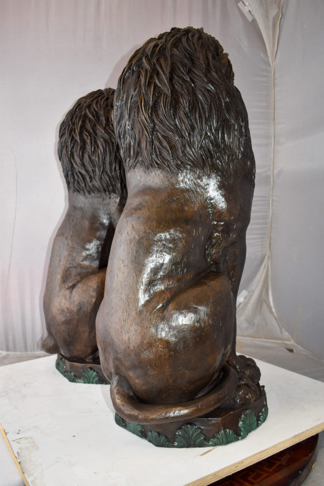 Pair Of Lions Sitting on Base Very Detailed Bronze Statues 13" x 26" x 34"H