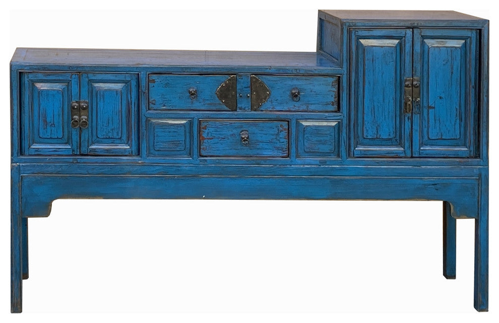 Vintage Chinese Distressed Bright Blue Drawers Foyer Narrow Side Table Hcs7743