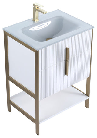 Serenity Bath Vanity, White Matte, Brass, White Glass Sink Top, 1-Hole