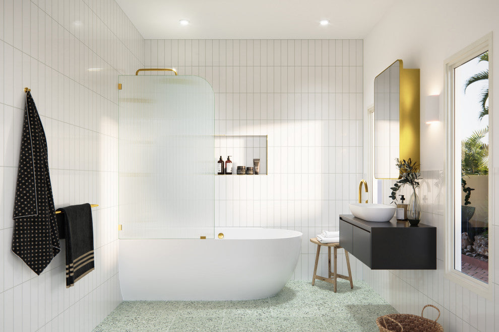 Bathtub Fixed Panel, Fluted Radius, Left Hand, Satin Brass