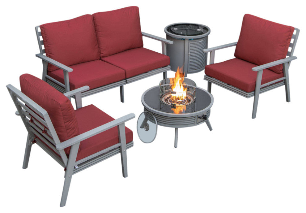 LeisureMod Walbrooke Patio Sofa Set With Round Fire Pit Table, Red