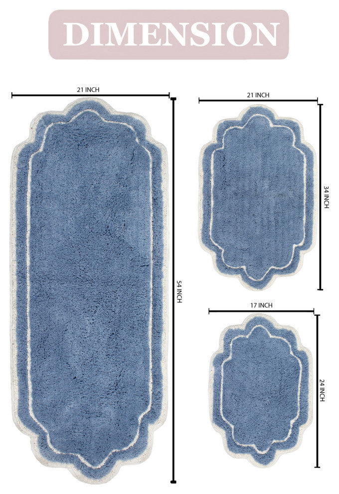 Allure Collection Absorbent Cotton Machine Washable 3-Piece Rug Set, Blue