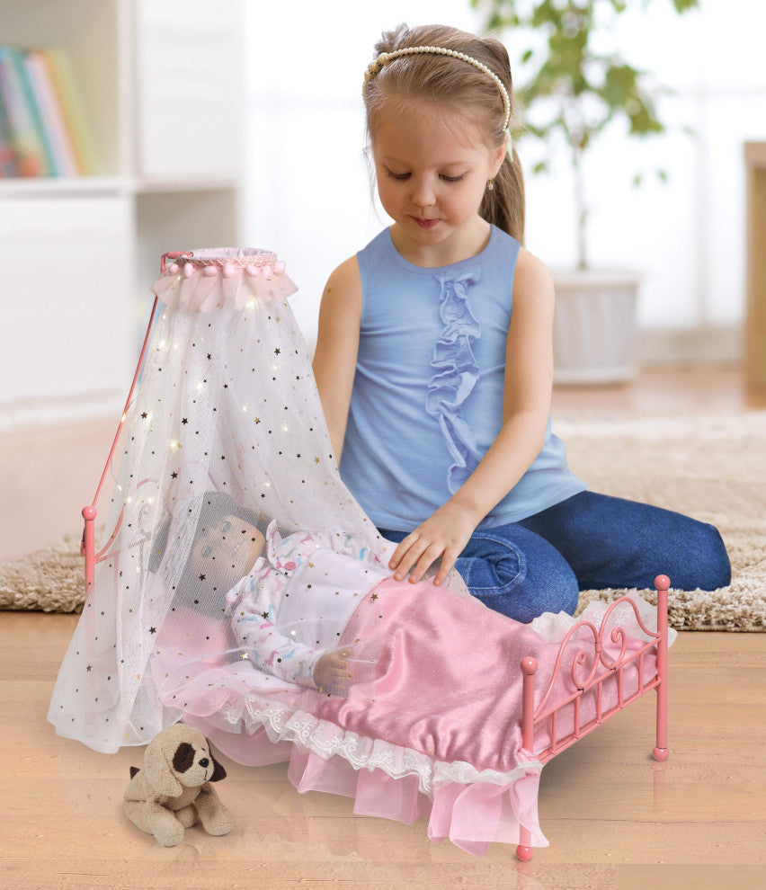 Starlights Led Canopy Metal Doll Bed With Bedding, Pink