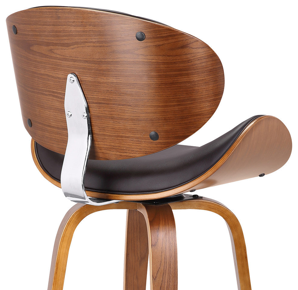 Solvang 26" Mid-Century Swivel Stool, Brown Faux Leather, Walnut Wood, Counter