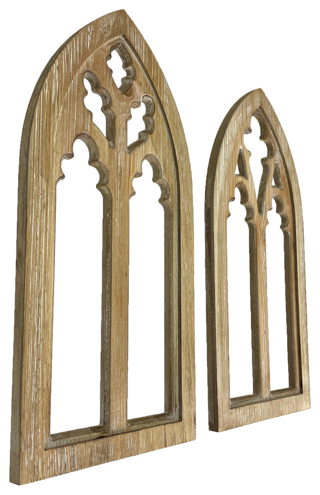 Whitewashed Wood Gothic Arch Window Frame Wall Decor 2 Piece Set