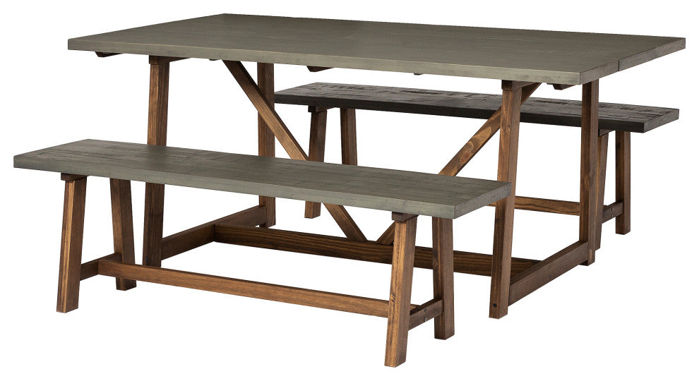 Brennan Solid Wood 3 Piece Trestle Dining Group - Grey/Brown