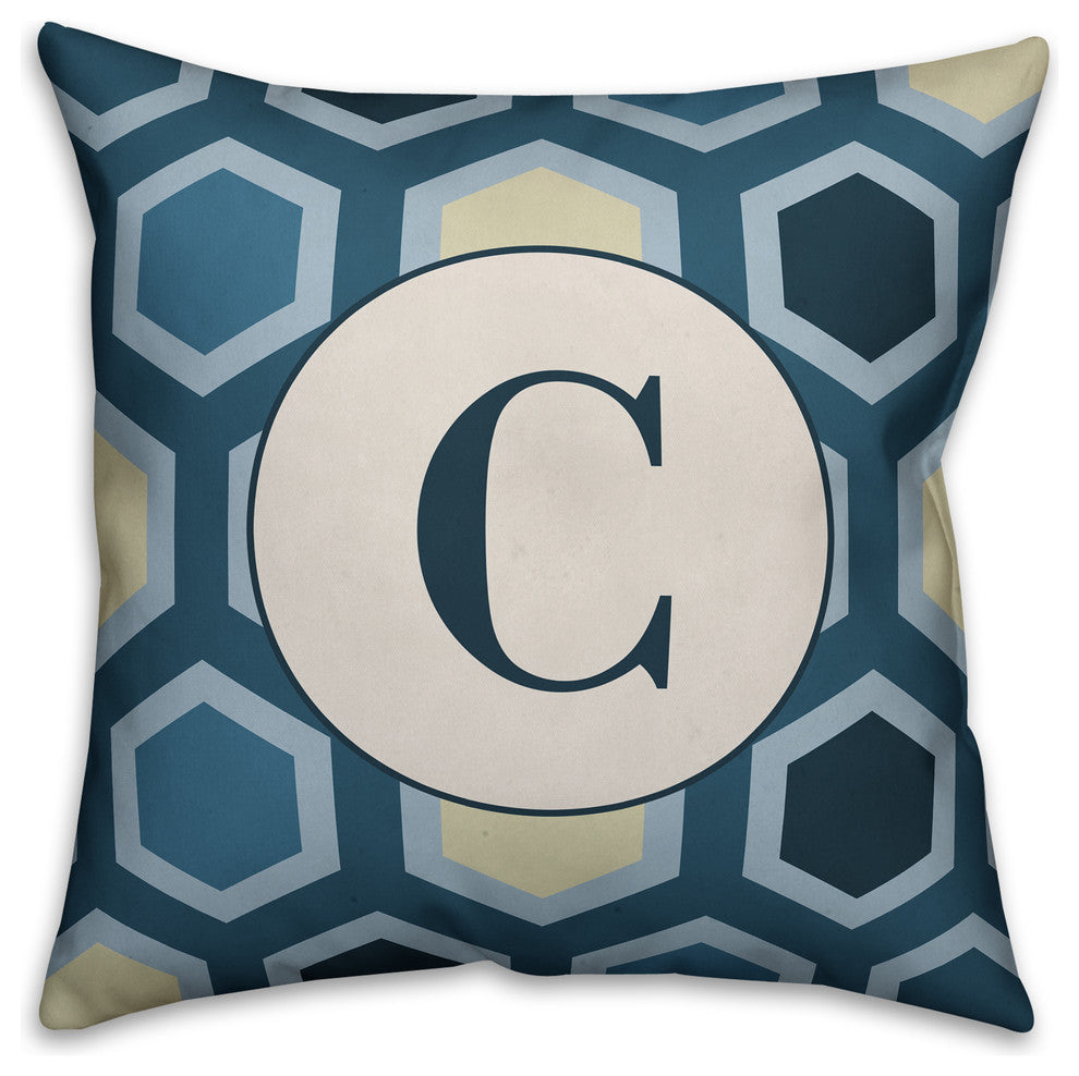 C Blue Hexagon Monogram Spun Poly Pillow, 18x18
