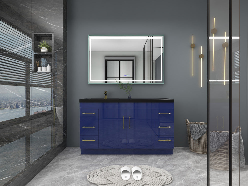 Rosa 60" Free Standing Modern Vanity, High Gloss Night Blue, Matt Black Top