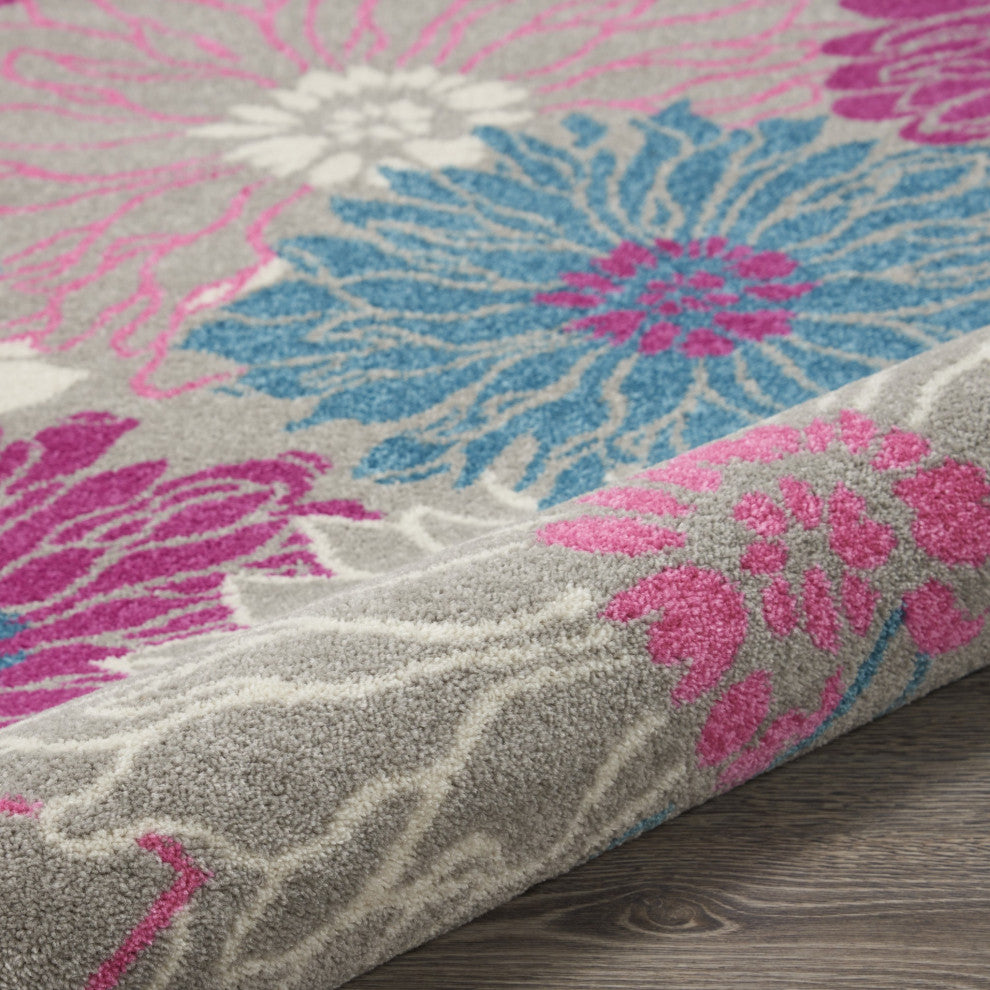 8 Round Gray and Pink Tropical Flower Area Rug