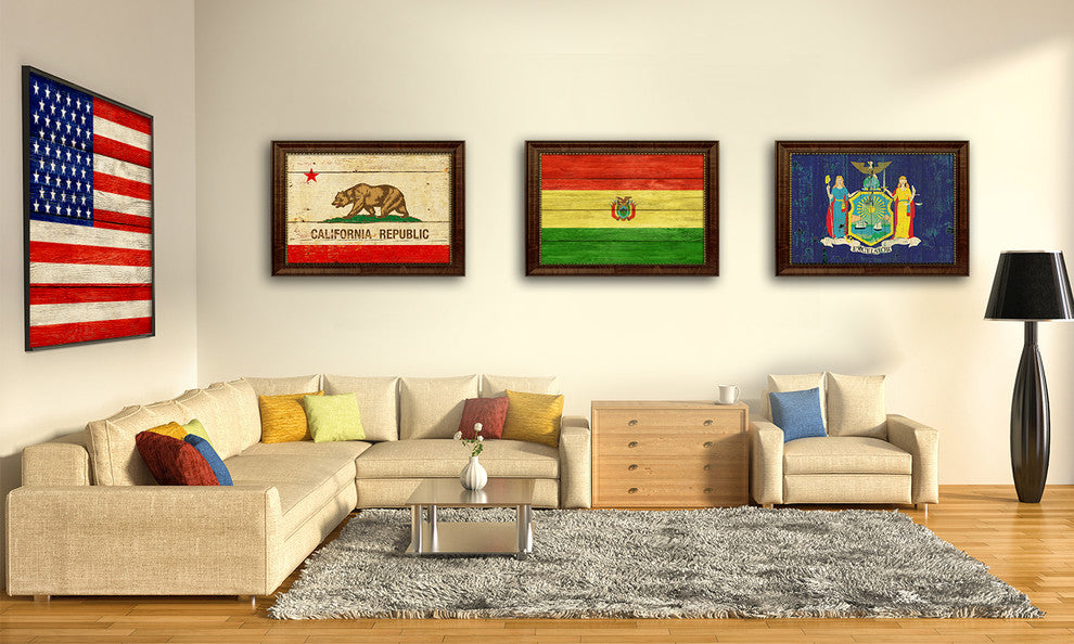 Bolivia Country Textured Flag Print With Brown Gold Frame, 15"X21"
