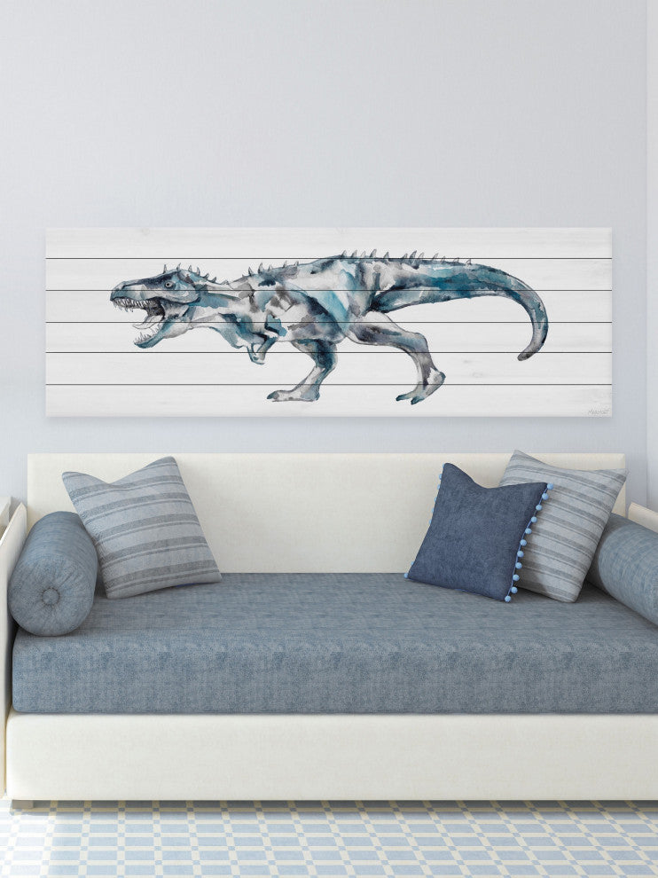 "Fierce Dinosaur" Painting Print on White Wood, 45x15