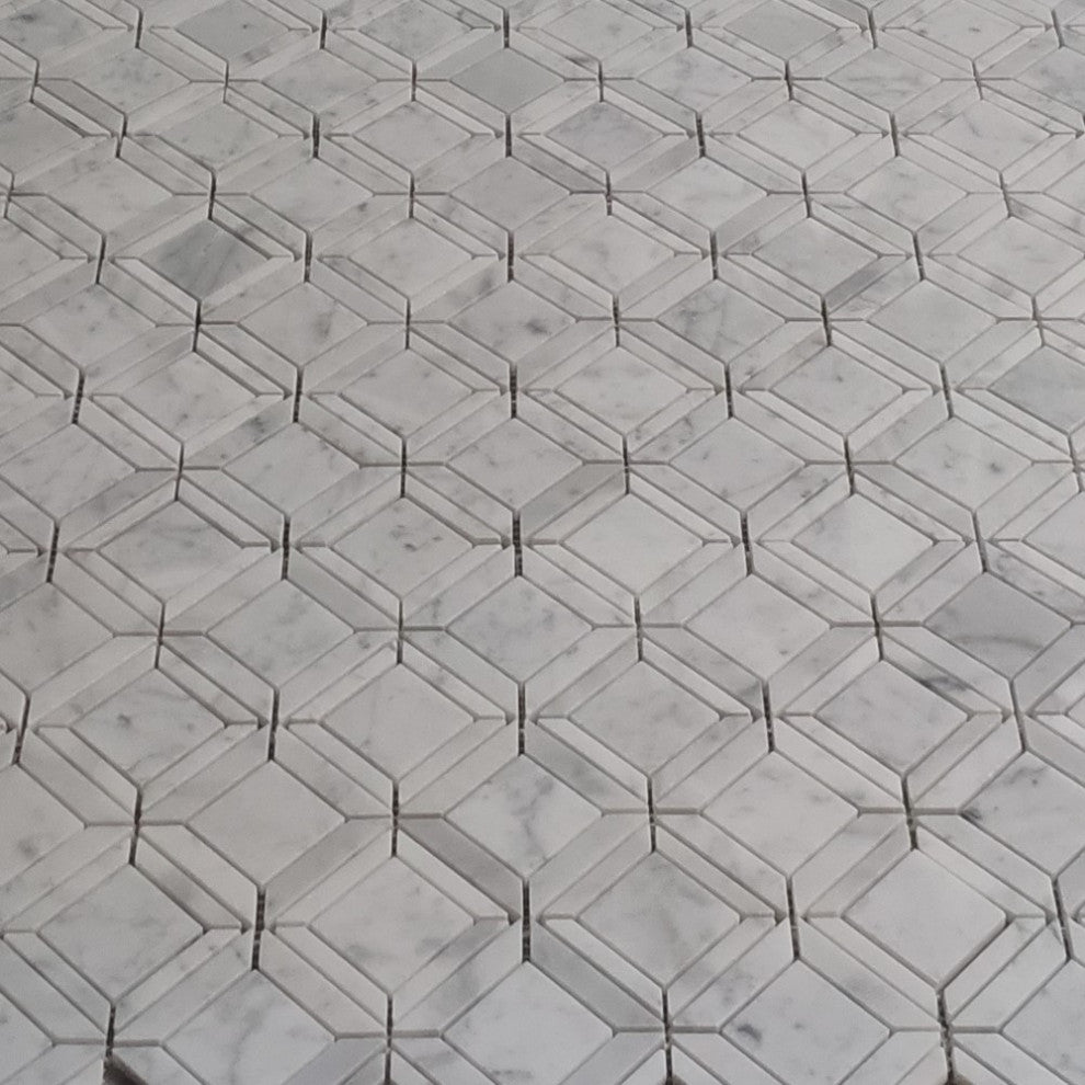 Carrara White Marble Square Ventura Carlyle Geometry Mosaic Tile Honed, 1 sheet