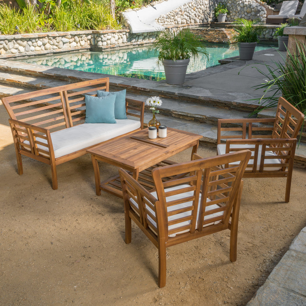 GDF Studio 4-Piece Louis Outdoor Solid Wood Chat With Cushions Set