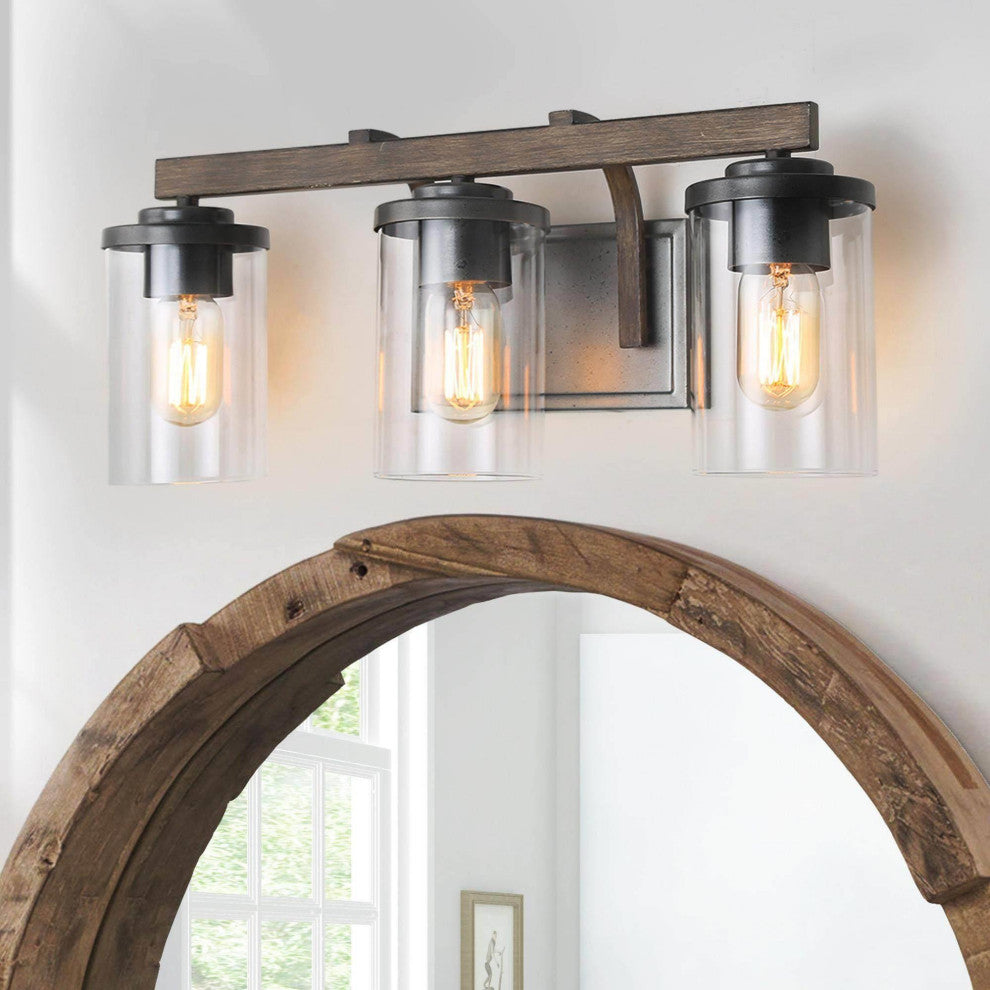 LALUZ 3-Light Black and Wood Gray Industrial Bathroom Vanity Lights