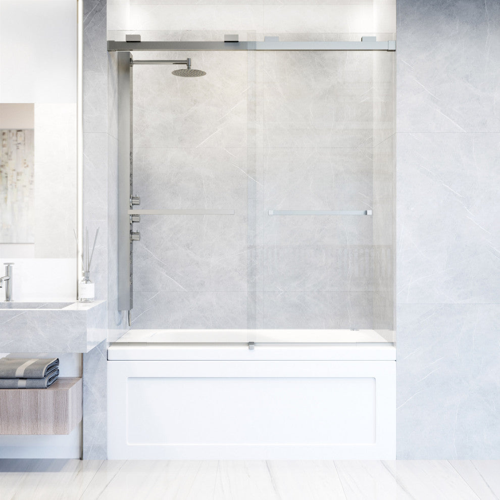 VIGO Houston Frameless Sliding, V-Motion, Stainless Steel, Tub Door, 56" to 60" W X 66" H, Clear Glass