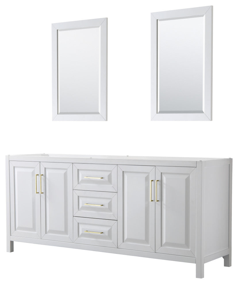 80" Double Bathroom Vanity, White, No Countertop, 24" Mirrors, Gold Trim