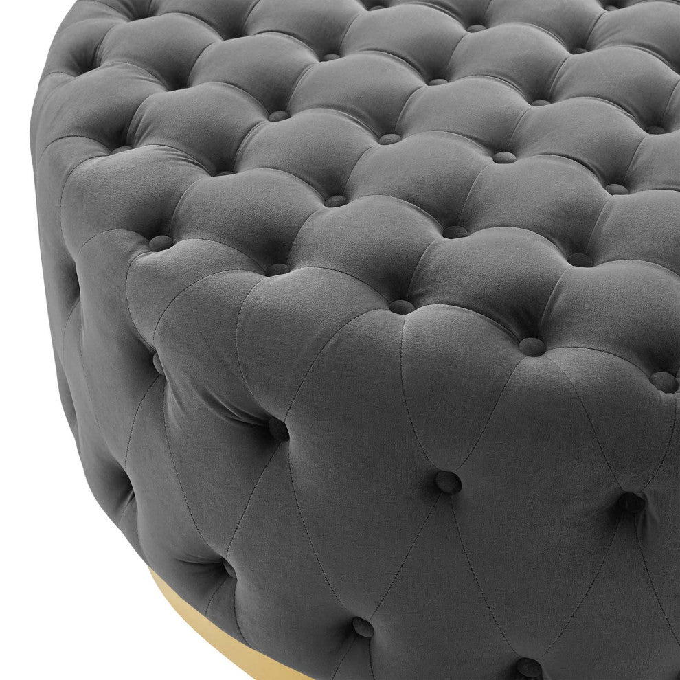 Tufted Accent Chair Ottoman, Round, Velvet, Gray, Modern, Lounge