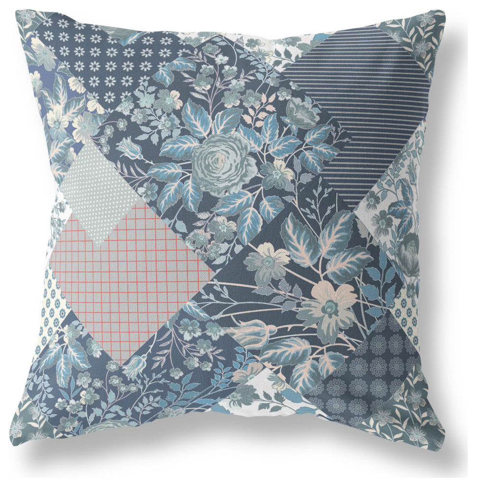18" Blue White Boho Floral Indoor Outdoor Throw Pillow