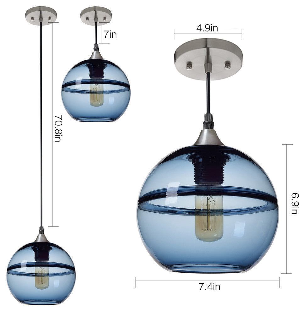 Unique Optic Contemporary Hand Blown Glass Pendant Light, Shade: Blue, 7"