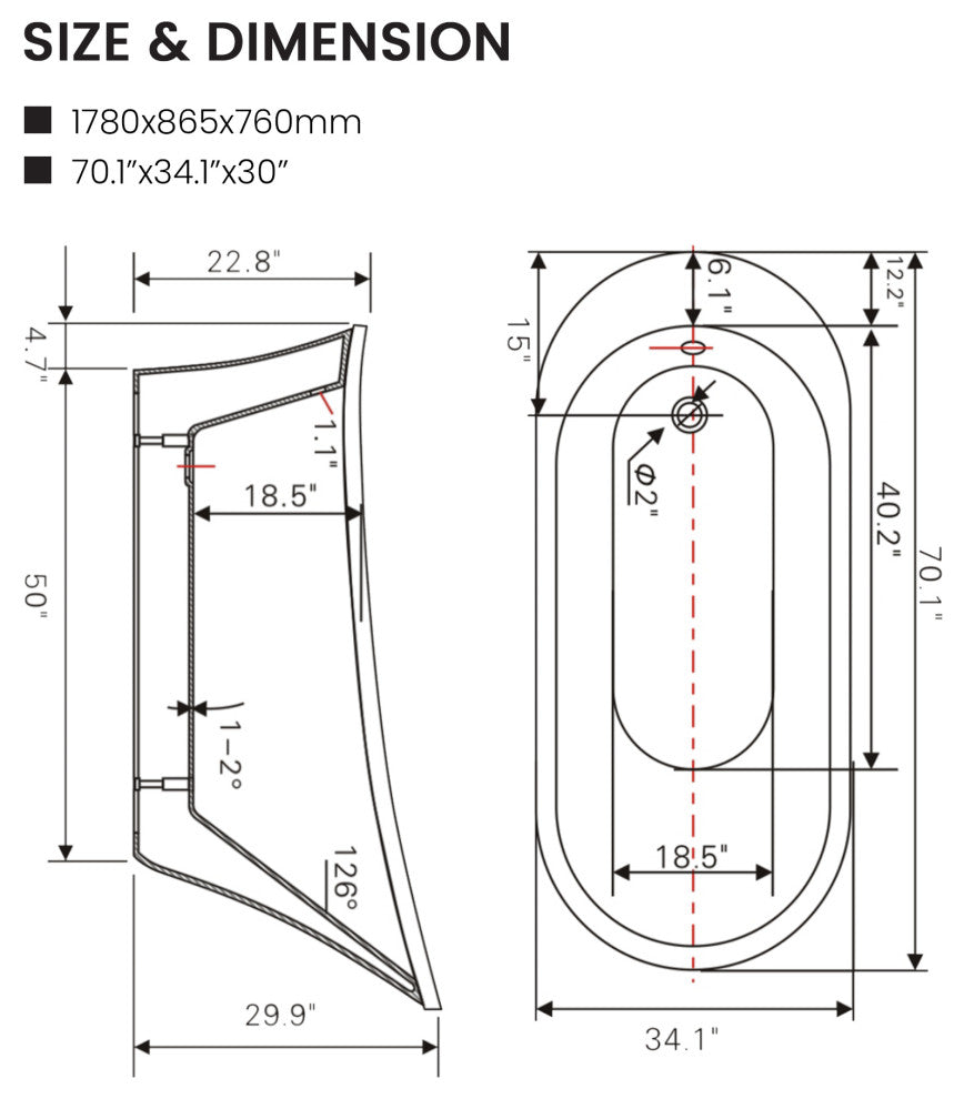 Vanity Art Freestanding Acrylic Soaking Bathtub, 70"
